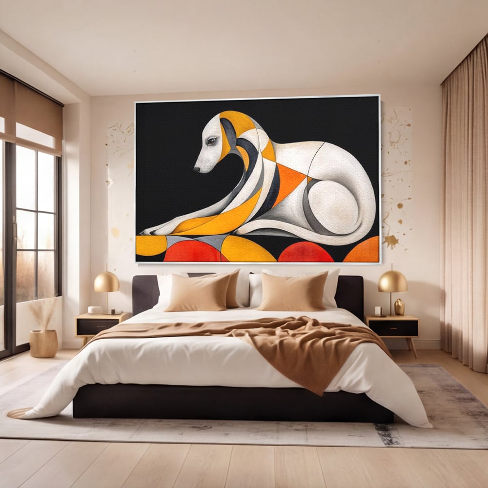 Tablou canvas cu tablou canvas cu caine stilizat in forme geometrice, in rama de aluminiu argintiu, pe perete intr-un dormitor